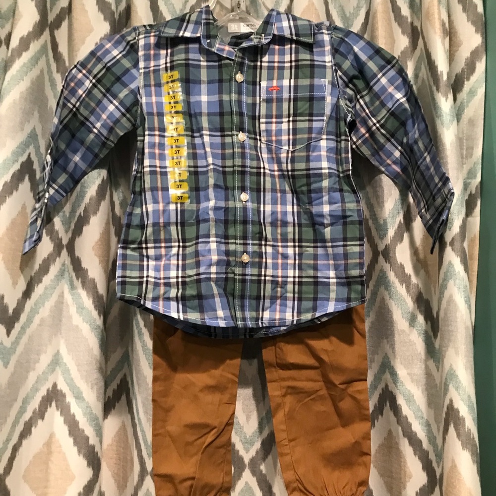 Carter’s Brand New Boys Shirt and Top Button Closure Elastic Waist Blue Tan 3T